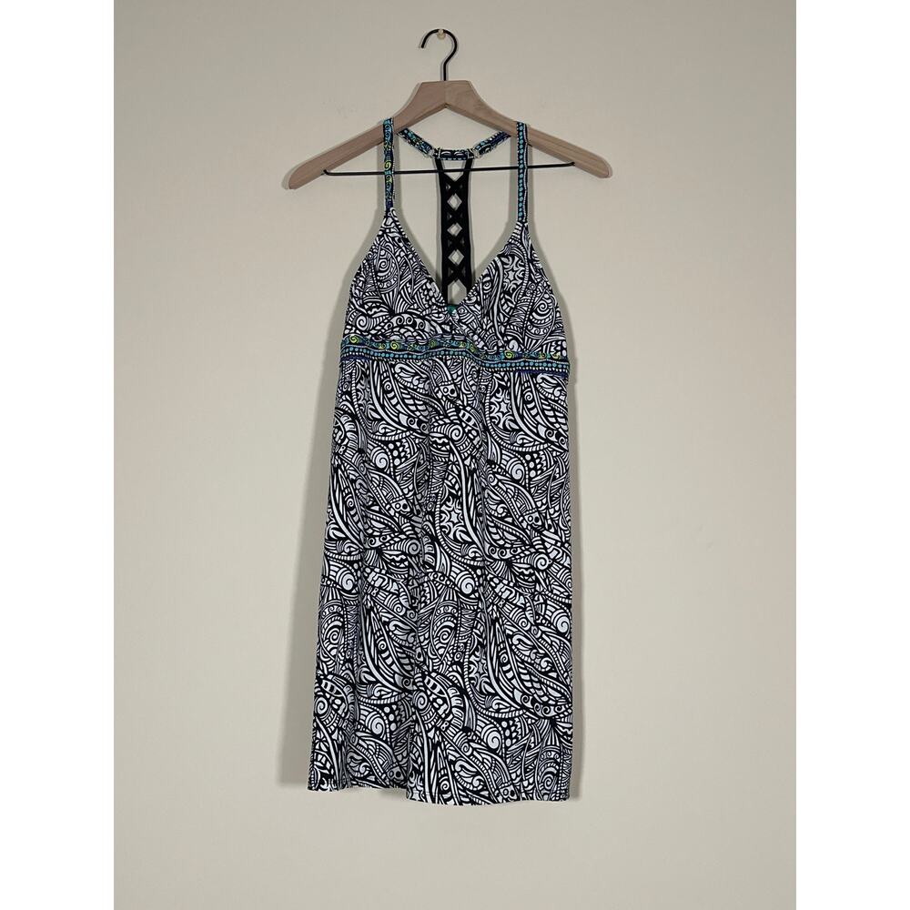 Title Nine Women’s Swim Dress Medium Black White Paisley Print Halter Swimwear